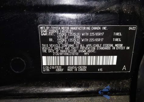 2022 Toyota Rav4 Le из США, поврежденный, VIN 2T3G1RFVXNC278749